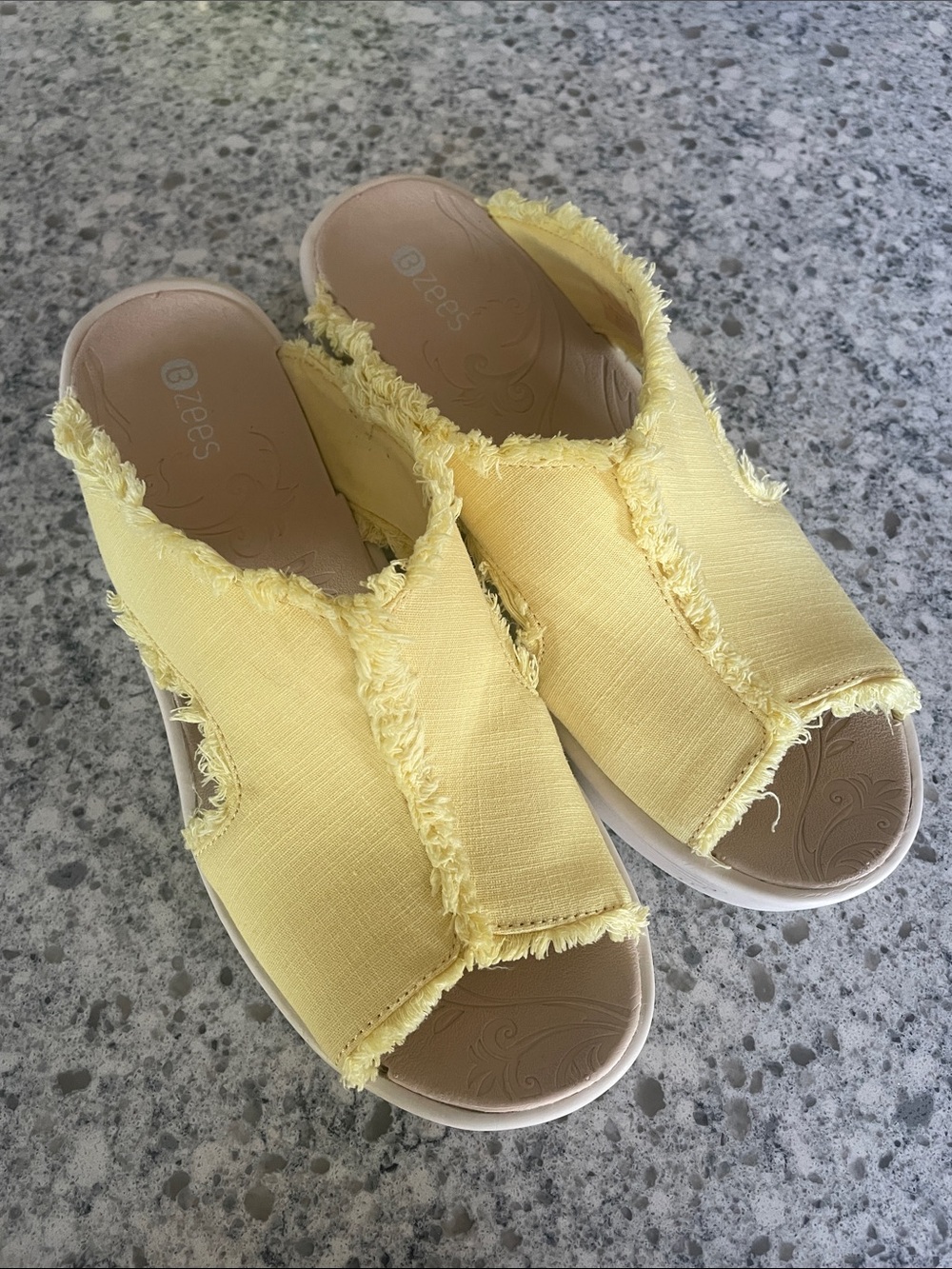 Bzees Lemon Yellow Frayed Slide Sandals